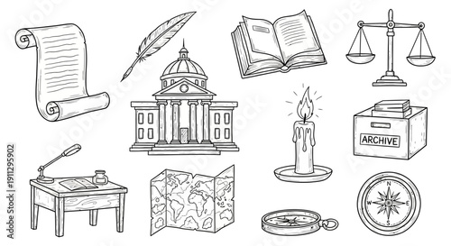 A collection of hand-drawn historical and research-related icons, including a scroll, quill, building, book, scales, desk, map, candle, archive box, and compass.