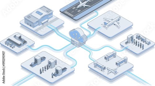 Isometric Smart Airport Management System with Cloud Computing Network, Aviation SaaS Platform for Digital Logistics and Infrastructure Efficiency, Blue Line Art Vector Illustration