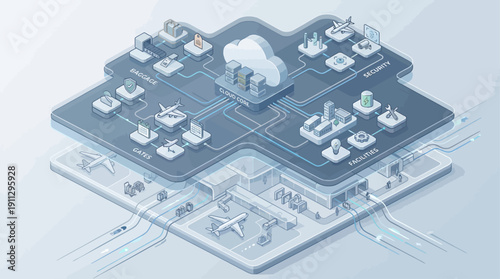 Isometric Airport Management Software SaaS Illustration for Cloud Computing, Aviation Logistics, Smart Security, and Digital Transformation in Transportation and Infrastructure