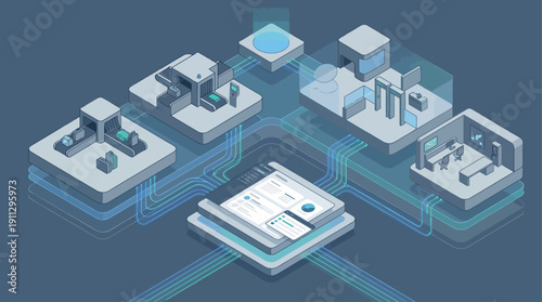 Isometric Smart Airport Management SaaS Platform for Aviation Logistics, Security Operations, and Passenger Flow with Data Dashboard UI in Modern Blue Tech Style