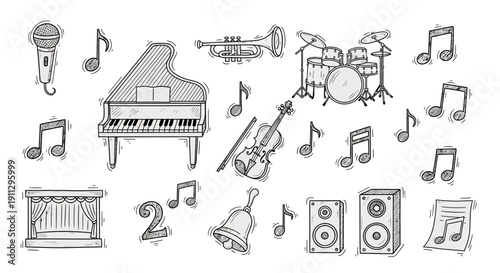 A hand-drawn sketch of various musical instruments and symbols, including a grand piano, drums, trumpet, violin, microphone, speakers, and musical notes, along with a stage curtain and a bell.