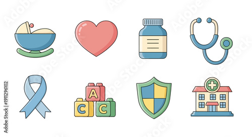 Eight colorful flat design icons , including a baby bassinet, heart, pill bottle, stethoscope, awareness ribbon, building blocks, shield, and hospital.