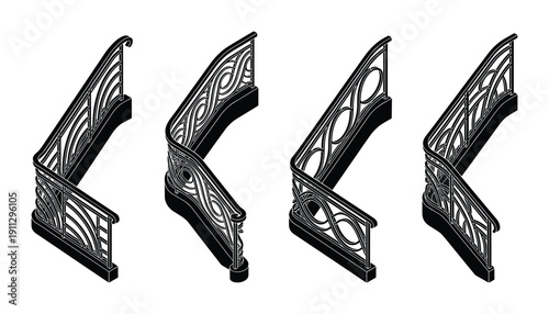 Elegant ornamental balcony railing set with decorative metal patterns in isometric view