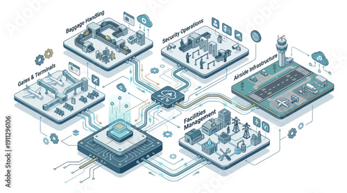 Isometric Smart Airport Management SaaS Platform with Integrated Data Flow, Aviation Logistics, Security Operations, and Infrastructure Automation for Digital Transformation