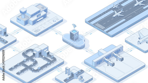 Isometric Smart Airport Management System Illustration with Cloud Computing, Aviation Logistics SaaS Platform, and Digital Infrastructure Connectivity in Blue Line Art Style