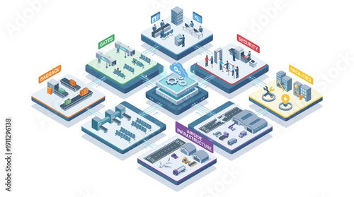 Isometric Airport Management SaaS Platform Illustration with Cloud Computing Hub Connecting Baggage, Security, Logistics, and Infrastructure for Aviation Digital Transformation