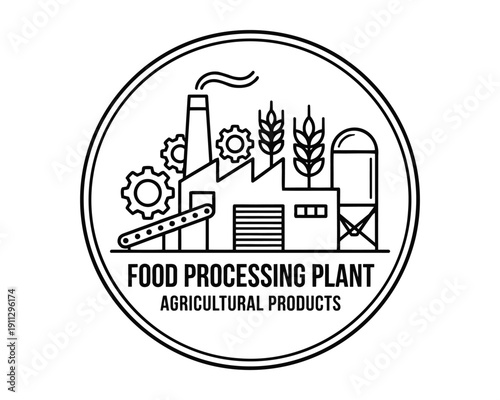 food processing plant agricultural products label design, industrial farming and production emblem
