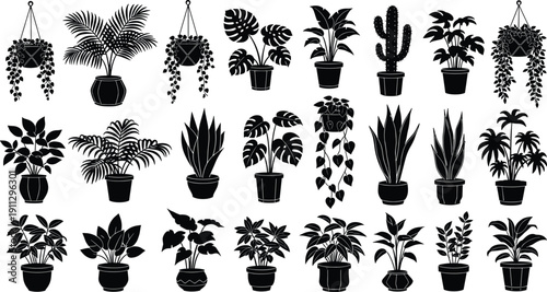 Set of various indoor houseplant silhouettes, potted plant vector icons, tropical leaf greenery collection, hanging plants and cacti isolated on white,.