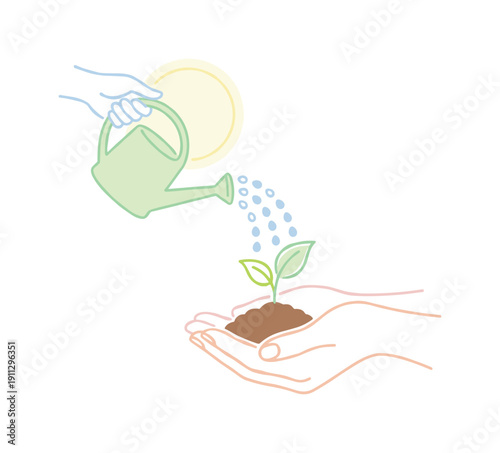 Hands watering a small plant seedling under sunlight caring for nature and growth