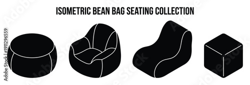 Isometric bean bag seating collection in black silhouette style
