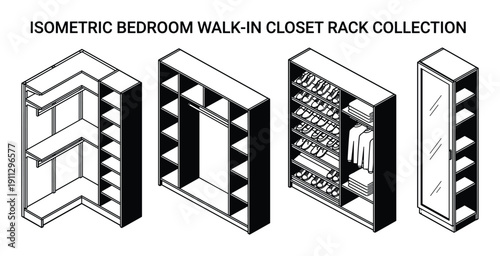Isometric bedroom walk-in closet rack collection for wardrobe and storage vector