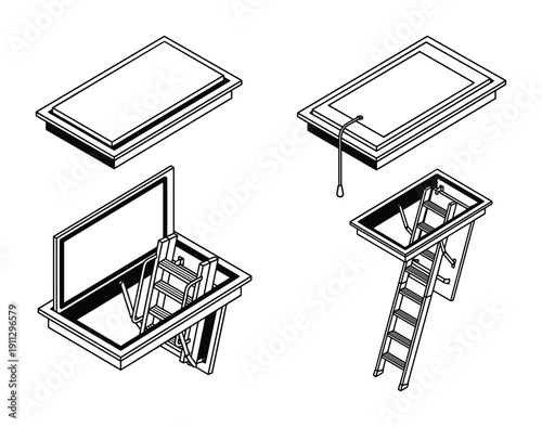 Isometric attic ladder in open and closed position, black silhouette on transparent background, vector set