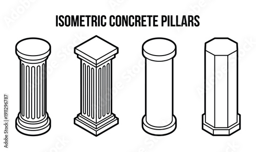 Isometric concrete pillars set outline illustration on transparent background design element