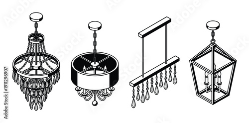 Isometric crystal chandelier set, elegant pendant light fixtures with hanging chains and crystal accents