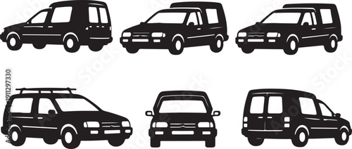 Citroën C15 black silhouette vector icons – French vintage utility vehicle – retro cargo van series