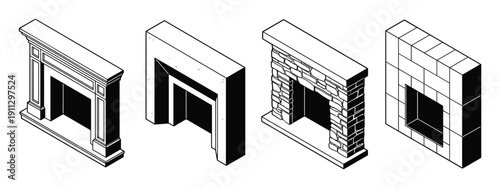 Isometric set of fireplace mantels with stone wood and modern tile finishes for interior design
