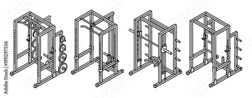Isometric set of gym power racks, various fitness equipment for strength training and weightlifting