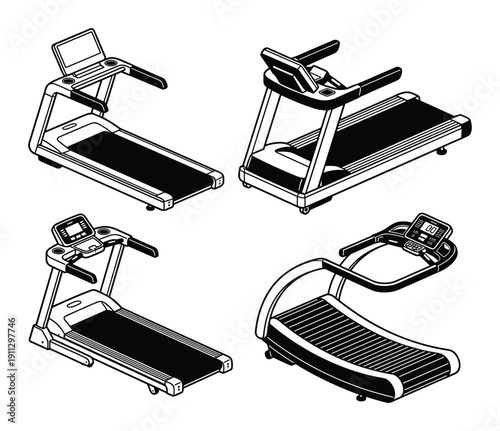 Isometric treadmills for home gym and fitness studio on transparent background