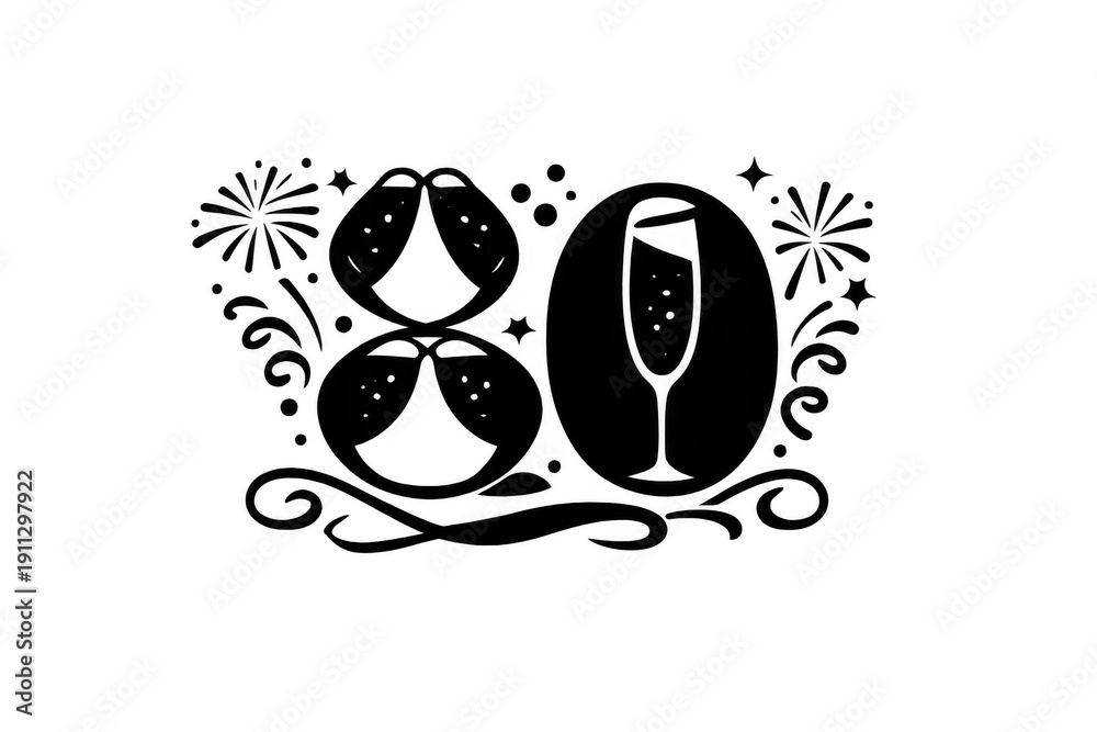 Obraz premium Celebrating 80th birthday anniversary with champagne and fireworks