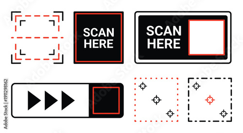 Modern scanning interface elements with red highlight frames and target points for data recognition vector