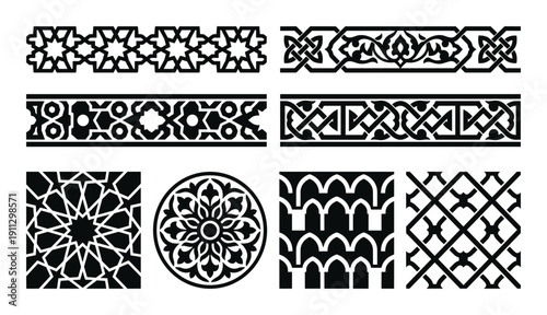 Set of black arabic geometric islamic seamless patterns, decorative elements, and borders on transparent background