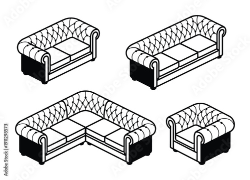 Set of chesterfield sofas, armchair and sectional sofa in isometric view