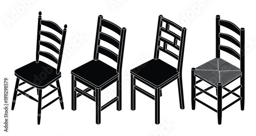 Set of classic wooden chairs in isometric view, different designs including ladder back and woven seat