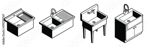 Set of isometric sinks and faucets in black and white for kitchen or laundry room