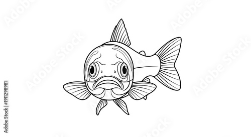 A simple black and white line drawing of a fish with a sad expression.