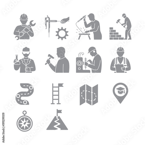 Collection of various Industrial Worker icons isolated on transparent background.
