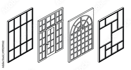 Variety of modern window and door designs in black and white isometric
