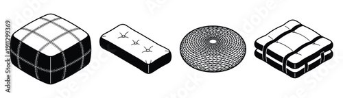 Various floor cushions and padded seating silhouettes for home interior