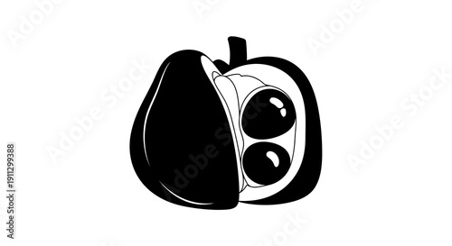 A simple black and white illustration of an apple with a face.