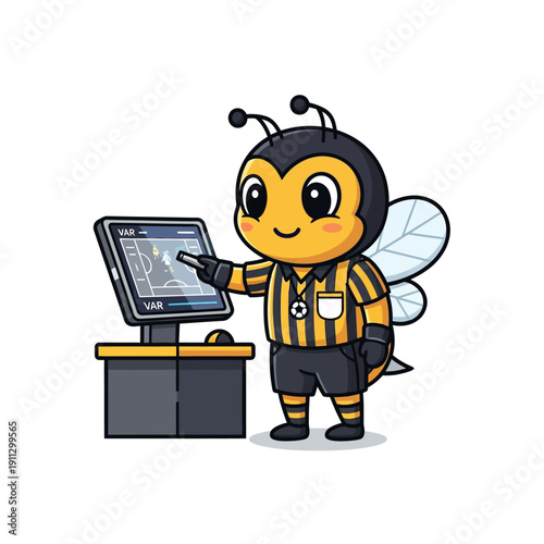 Cute Bee Soccer Referee Mascot Analyzing VAR Monitor Screen Cartoon Illustration