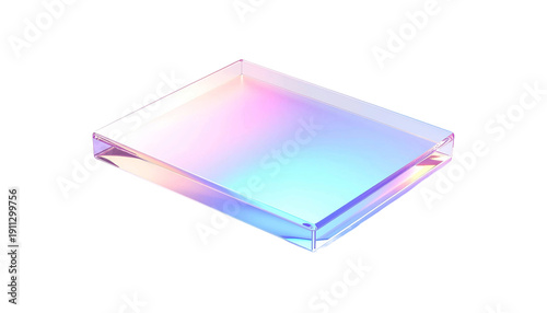 Empty holographic glass podium with vibrant iridescent rainbow gradients and transparent crystal texture isolated on white background for 3D product display and presentation