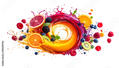 Fresh mixed fruit splash with orange berry and kiwi slices in swirling juice liquid burst isolated on white background for healthy beverage design