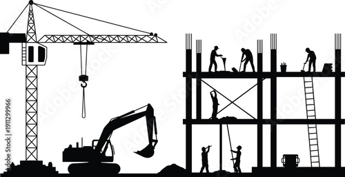 Construction site with crane excavator and builders on white background building workers