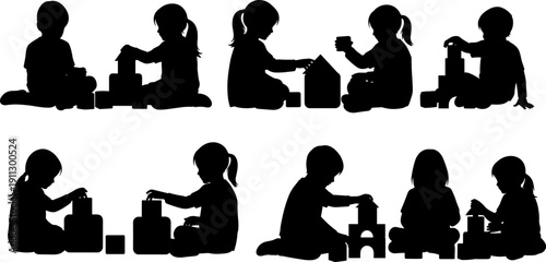 Children Playing with Building Blocks Silhouette Set, Toddlers Learning Group Isolated Flat Vector Art