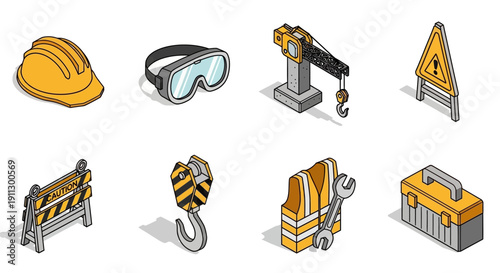 Isometric Construction Safety Icons Set: Hard Hat, Crane, Vest, Toolbox, and Industrial Warning Signs. PPE and Tools Vector Bundle.
