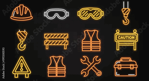 Neon Construction Safety Icons Set. Hard Hat, Vest, Goggles, Caution Sign, Tools. Vector Illustration.