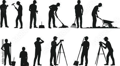 Construction and road maintenance worker silhouettes vector collection, laborers with shovel rake hammer wheelbarrow and survey tripod isolated on white background