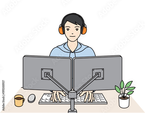 聴覚過敏のためイヤーマフを装着してPC作業に集中する男性