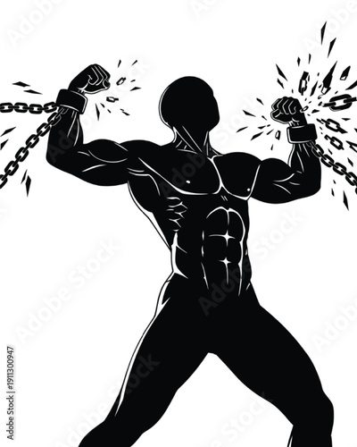 Muscular man breaking free from chains symbolizing strength and freedom with a powerful silhouette against a white background.