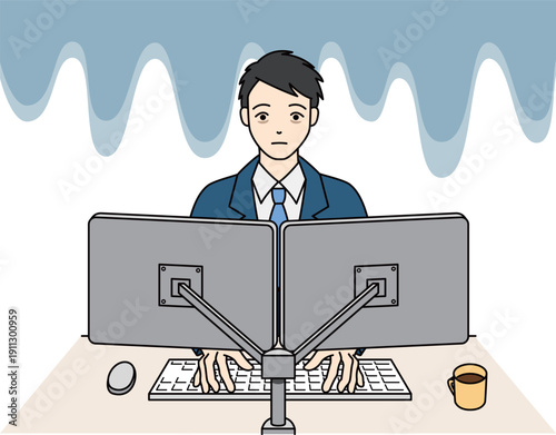 PC作業中に絶望し青ざめるスーツ姿の男性会社員