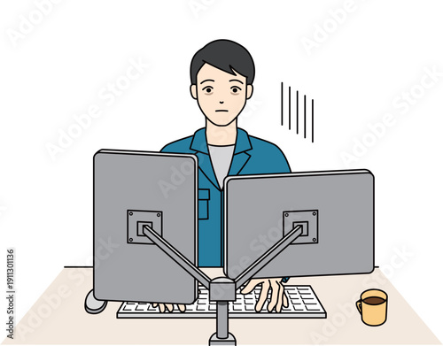 PC作業中に疲労で落ち込む作業着の男性