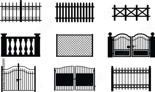 Fence and gate silhouette set vector illustration featuring decorative metal wooden garden barriers and residential entrance designs