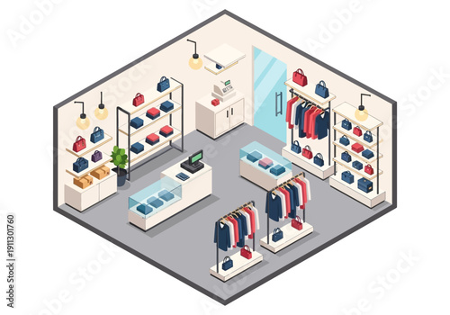 Isometric View of a Modern Clothing Store Interior with Racks and Displays