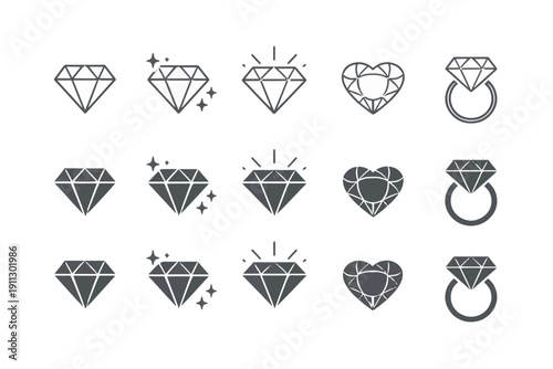 Diamond vector icon set, gem stone, heart shape, engagement ring, sparkle, jewelry symbols, isolated on white