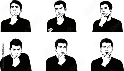 Thinking Man Silhouette Set, Pensive Male Character Portraits, Decision Making Flat Illustration Art