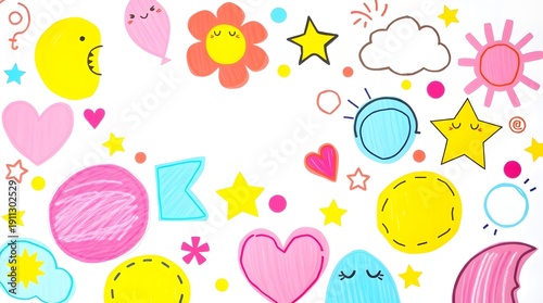 Colorful and whimsical hand-drawn doodle art frame with stars, hearts, clouds, and cute cartoon faces, perfect for children's designs, creative projects, and vibrant backgrounds